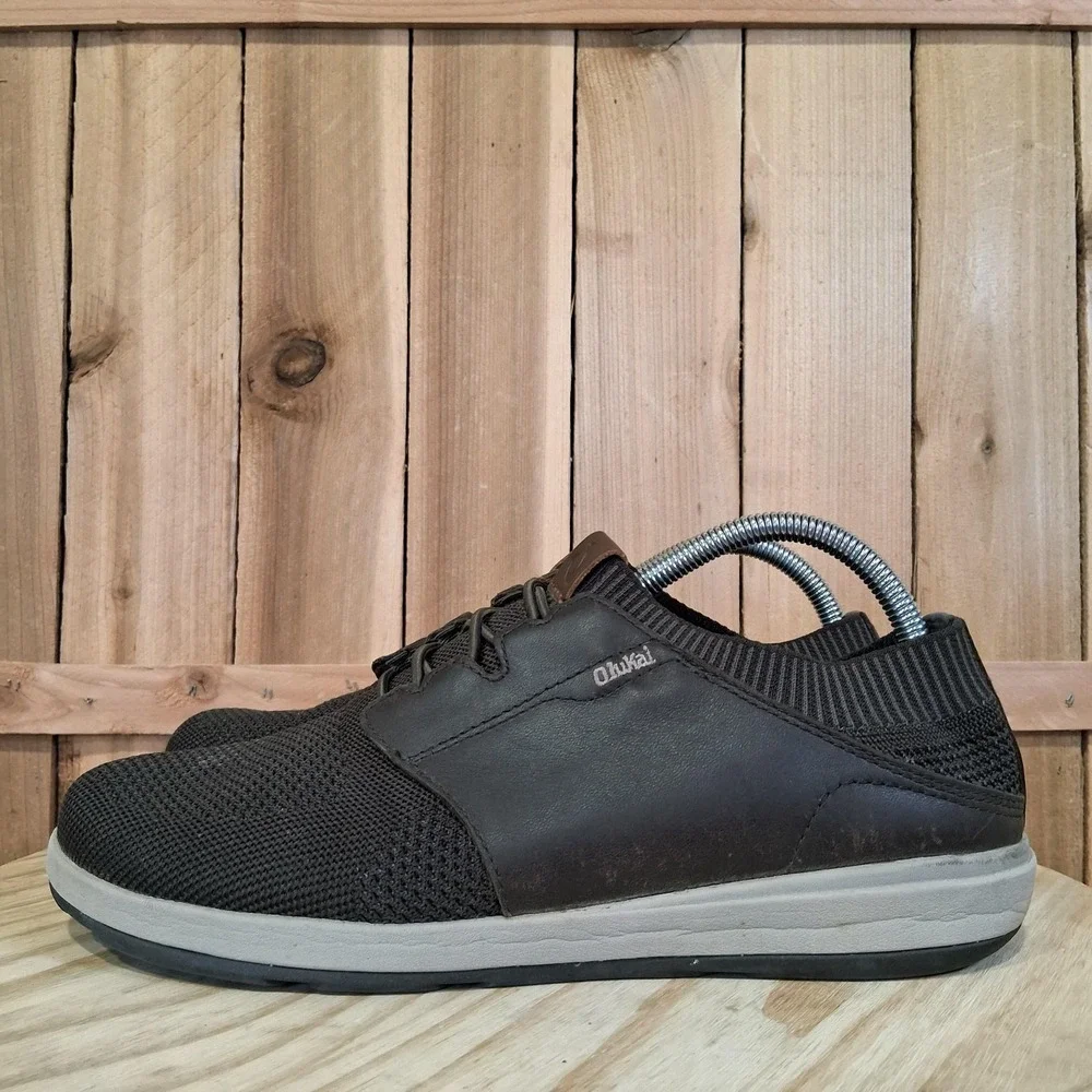 OluKai Makia Ulana Shoes Mens Size 8.5 Brown‎ Leather Knit Casual Sneakers